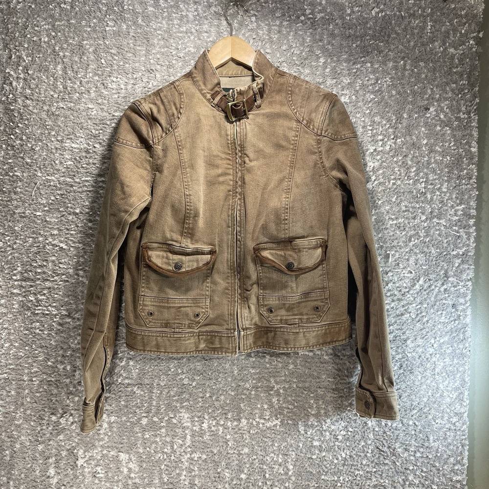 LAUREN Ralph Lauren Leather Trim Denim Moto Jacket Size 14 Brown Military Style